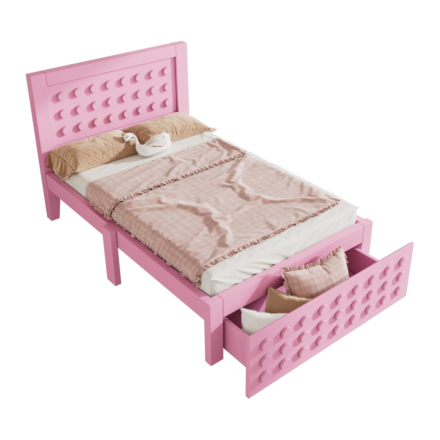 Pink child bed 90x200 cm with storage drawer and creative design in blocks, solid wood frame