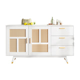 Buffet en rotin blanc décoratif avec 2 portes en rotin et 3 tiroirs, meuble de rangement multifonction élégant avec détails dorés, 160x40x87 cm