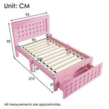 Pink child bed 90x200 cm with storage drawer and creative design in blocks, solid wood frame