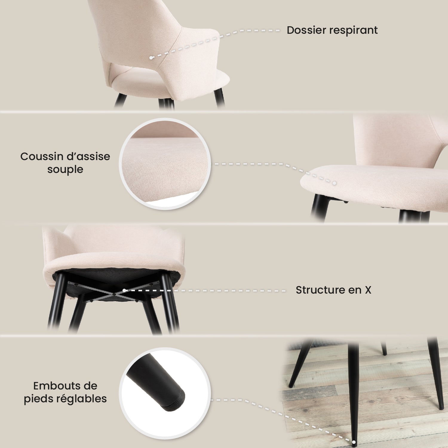 Ensemble table à manger extensible noire et 6 fauteuils en tissu beige de style scandinave