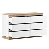 Commode blanche et chêne en panneau de particules E1 avec 6 tiroirs spacieux