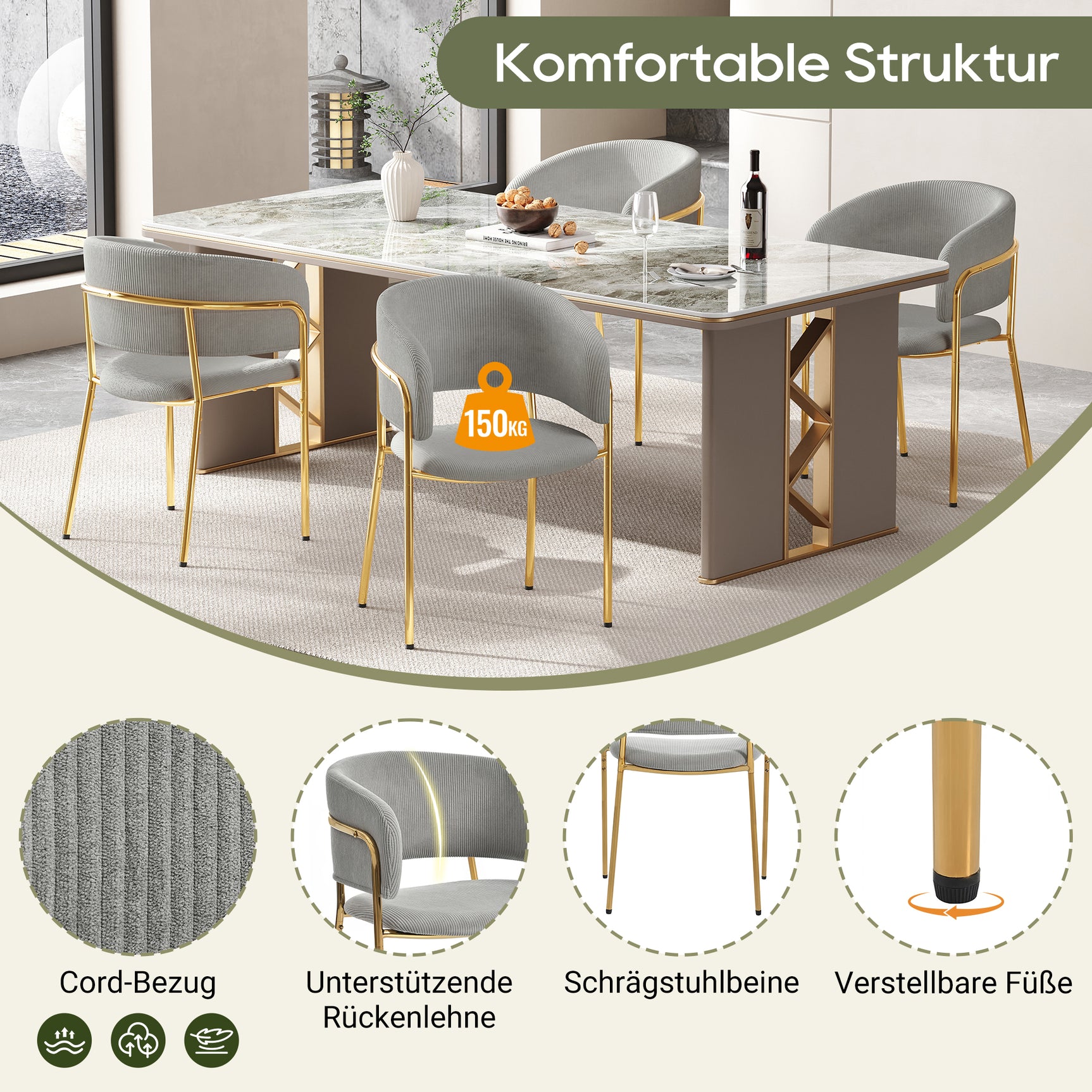 Set of 2 modern gray chopped fabric chairs with tilted wood and metal feet, ergonomic backrest and adjustable feet