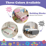 Pink child bed 90x200 cm with storage drawer and creative design in blocks, solid wood frame