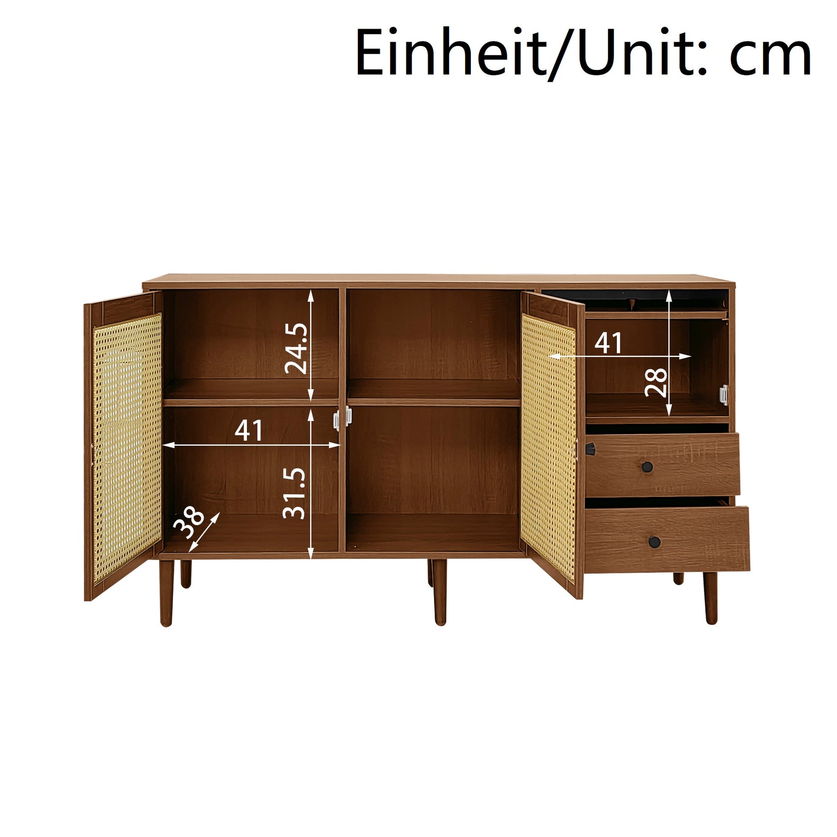 Buffet en bois style campagne avec portes en cannage, étagères réglables et tiroirs 130 × 75,5 × 40 cm