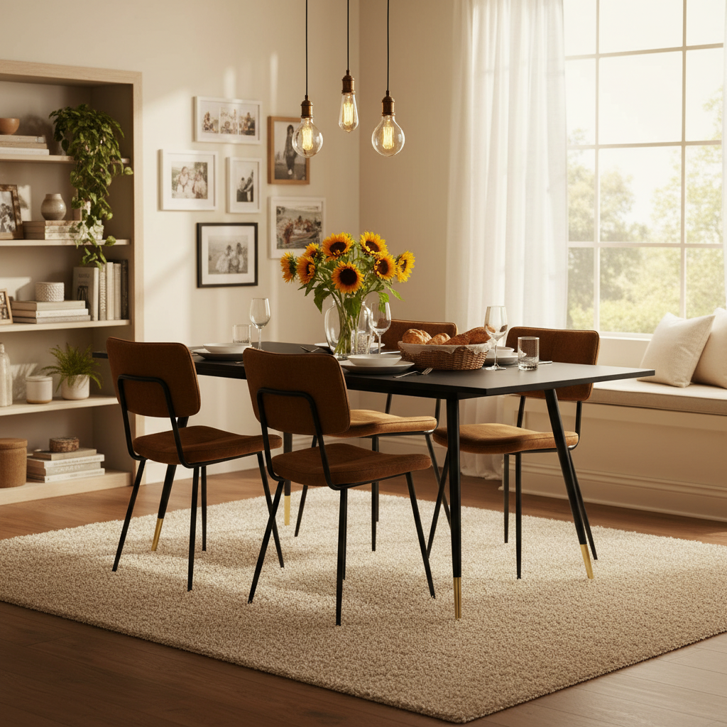 Round Table Table Table Table Timber Ø80 cm with 4 black velvet chairs, modern and comfortable style