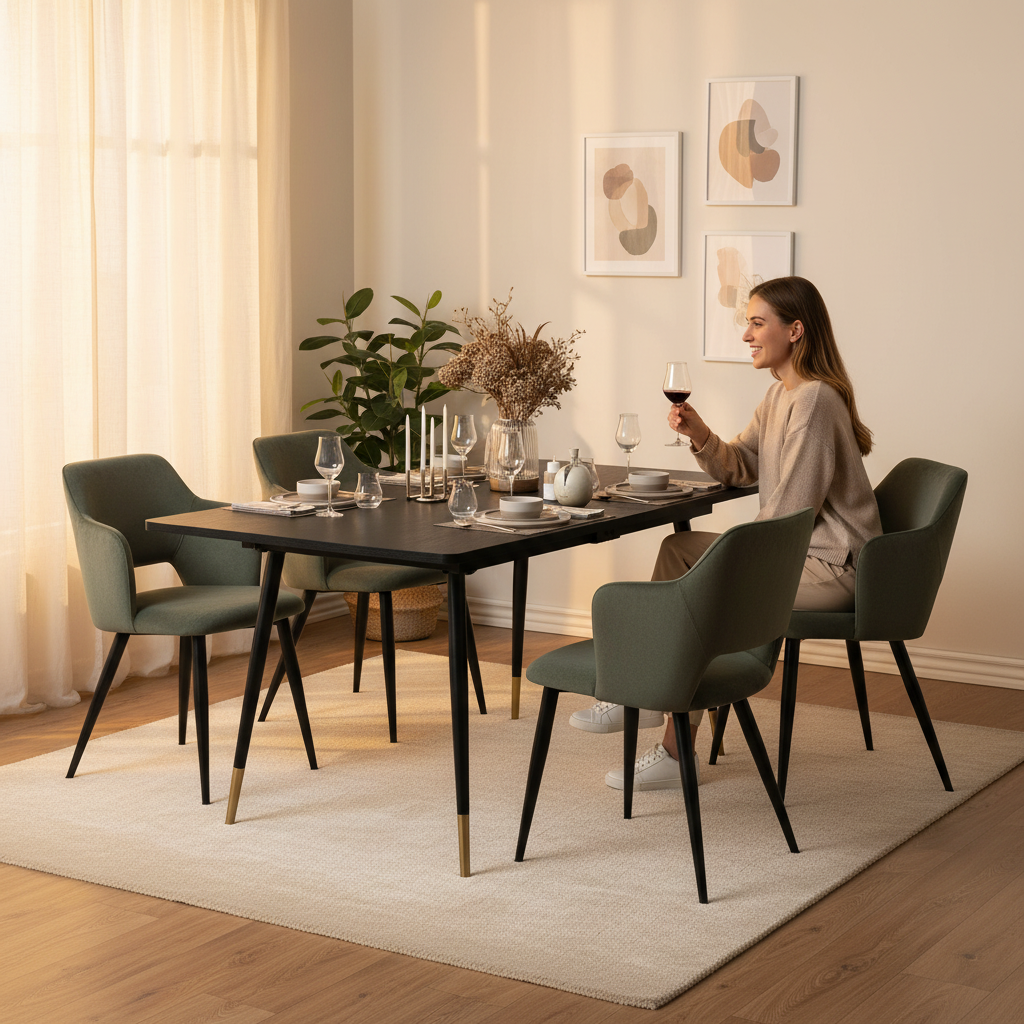 Ensemble de salle à manger comprenant une table extensible et 4 fauteuils avec accoudoirs en tissu vert
