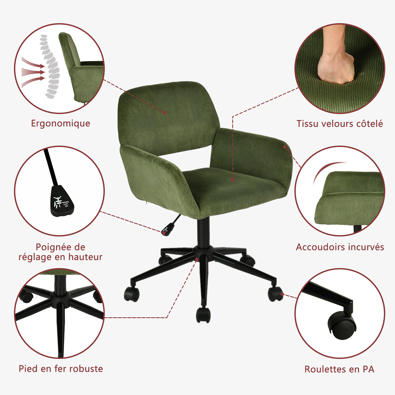 Ensemble avec table d’appoint noire pliable et fauteuil de bureau en velours côtelé vert olive âââââââ€?BASELINE & ROSS