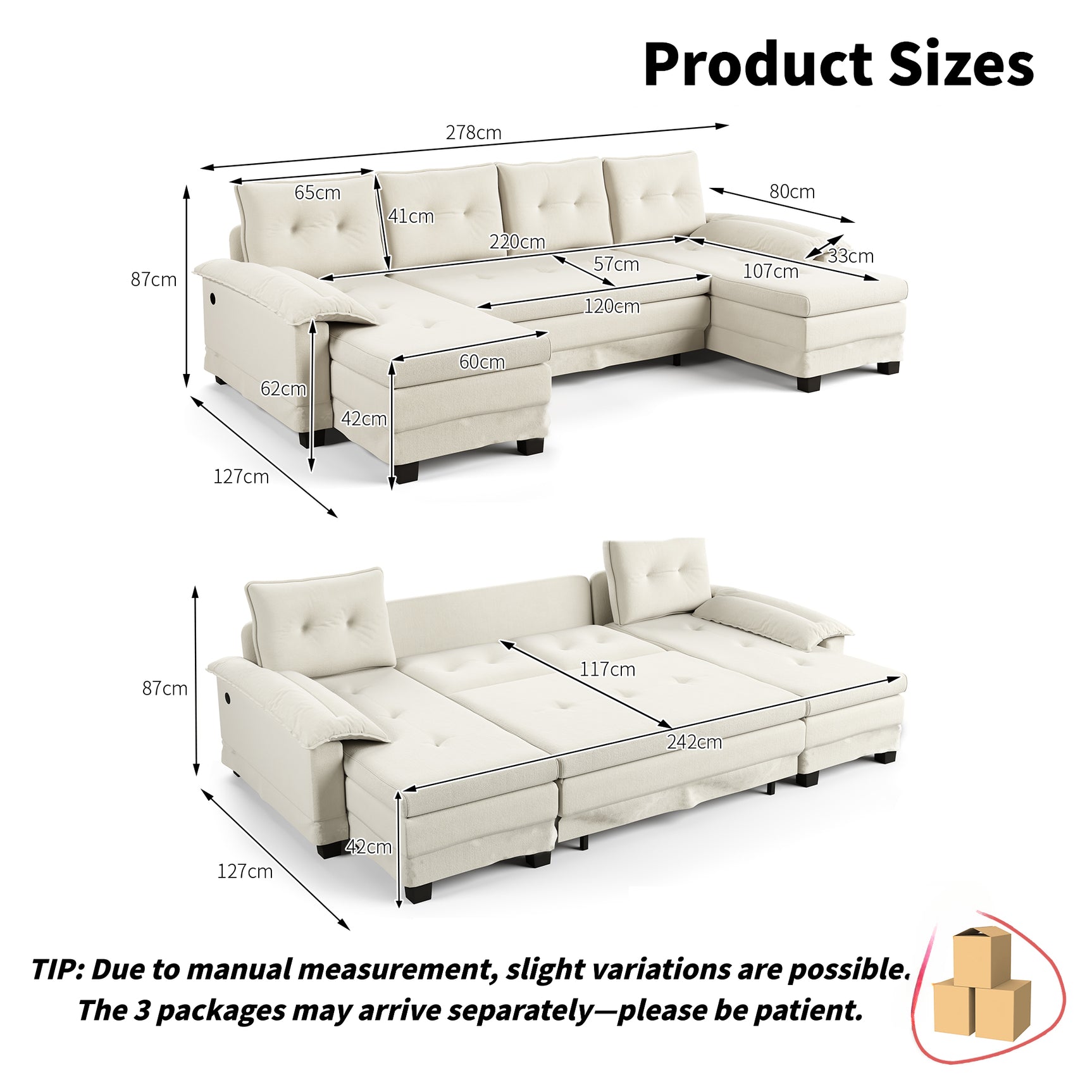 Canapé-lit beige en forme de U en chenille – Canapé modulaire au design moderne avec accoudoirs amovibles et port USB
