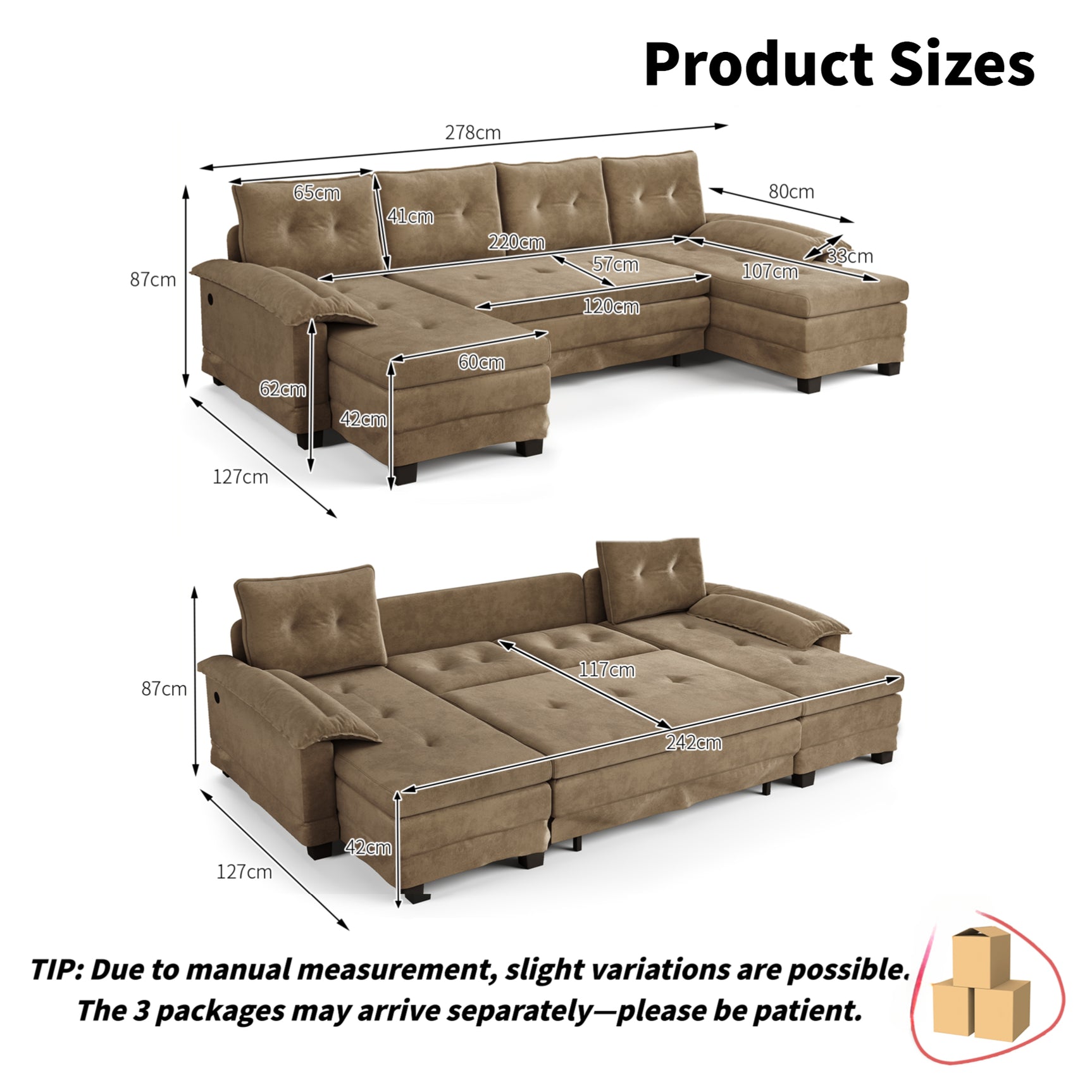 Canapé-lit U-forme khaki, Sectionnel Modulable Convertible, Chenille Moderne avec USB, Accoudoirs Amovibles