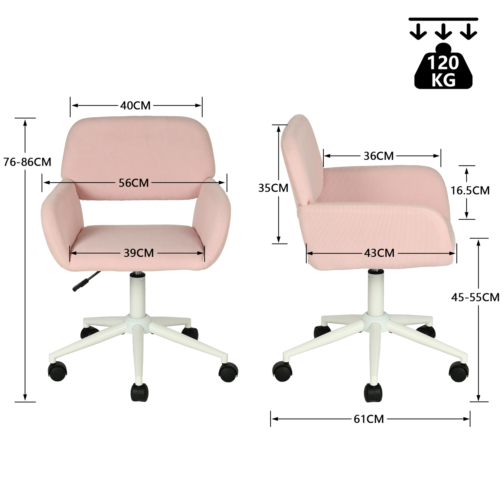 Fauteuil de bureau en velours côtelé rose, réglable en hauteur, rotation à 360° - ROSS