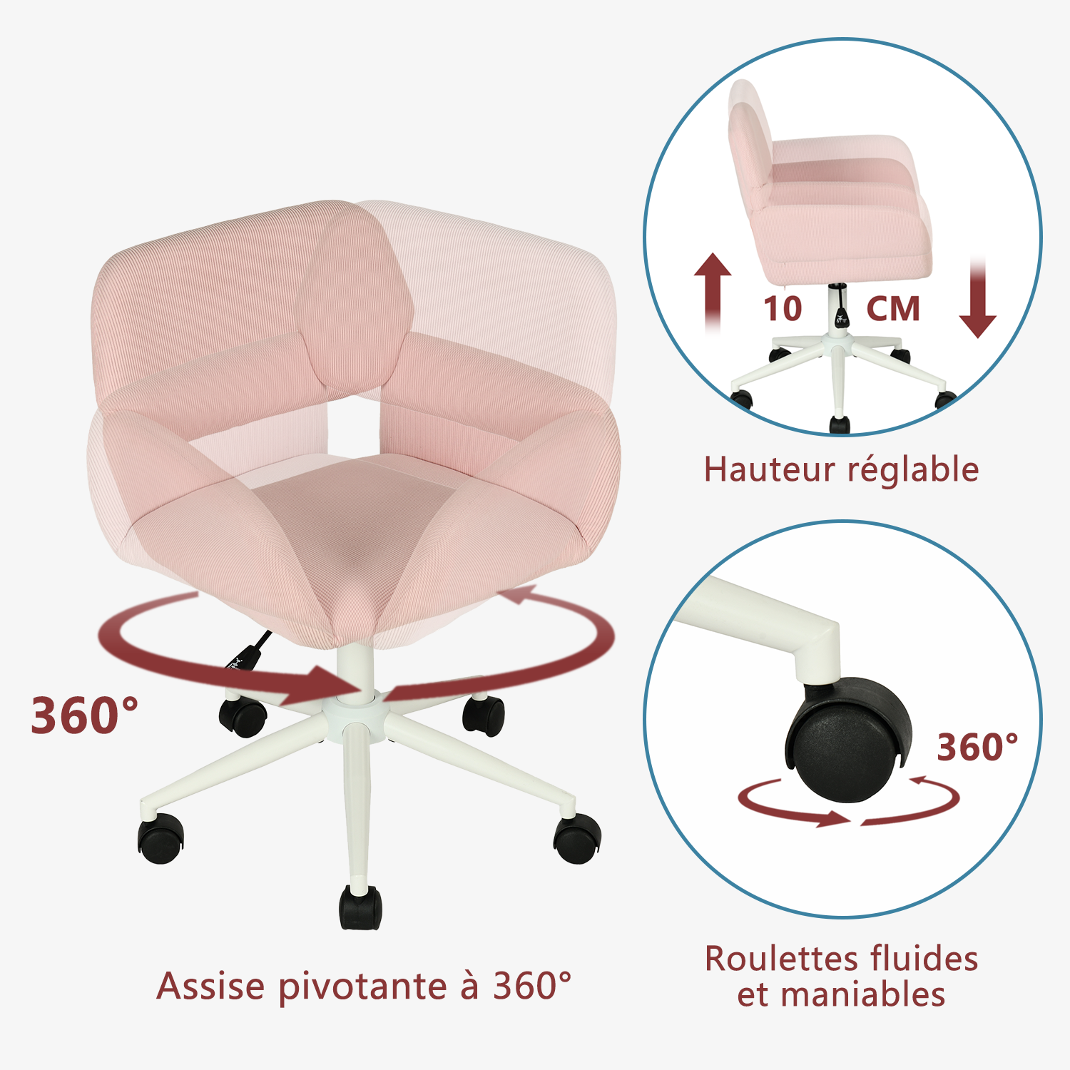 Ensemble bureau pliable et fauteuil de bureau en velours côtelé rose âââââââ€?ASCOLI & ROSS
