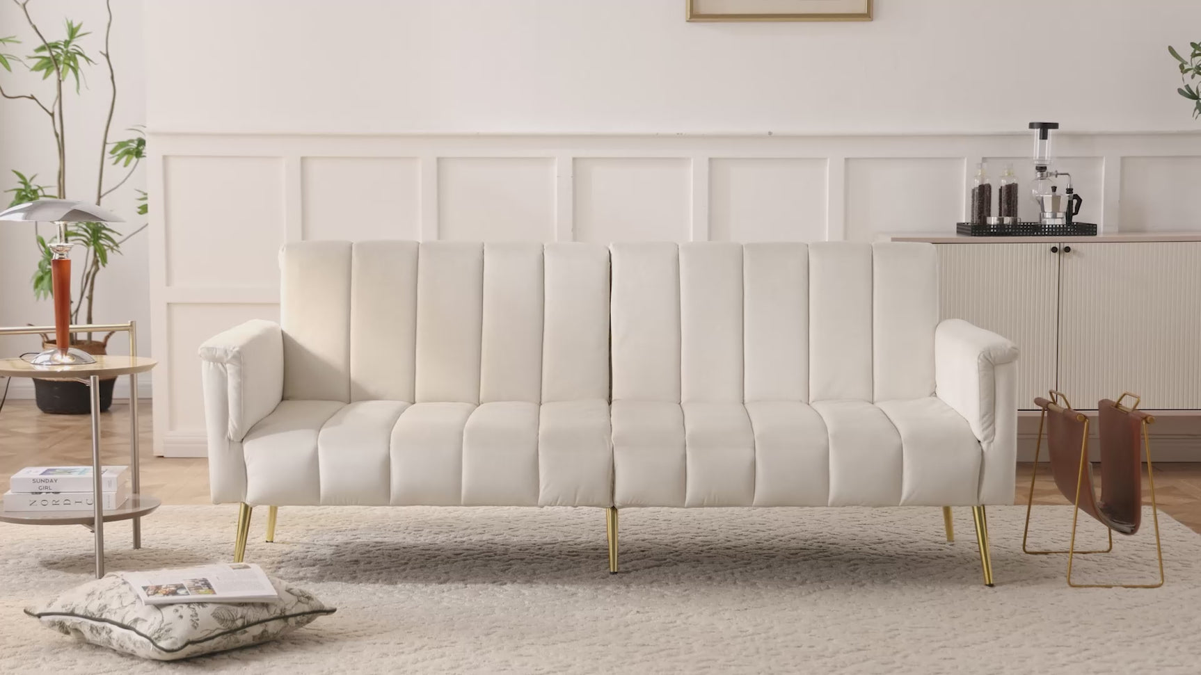 2-seater sofa bed in dark gray fabric with side pockets, modern convertible sofa