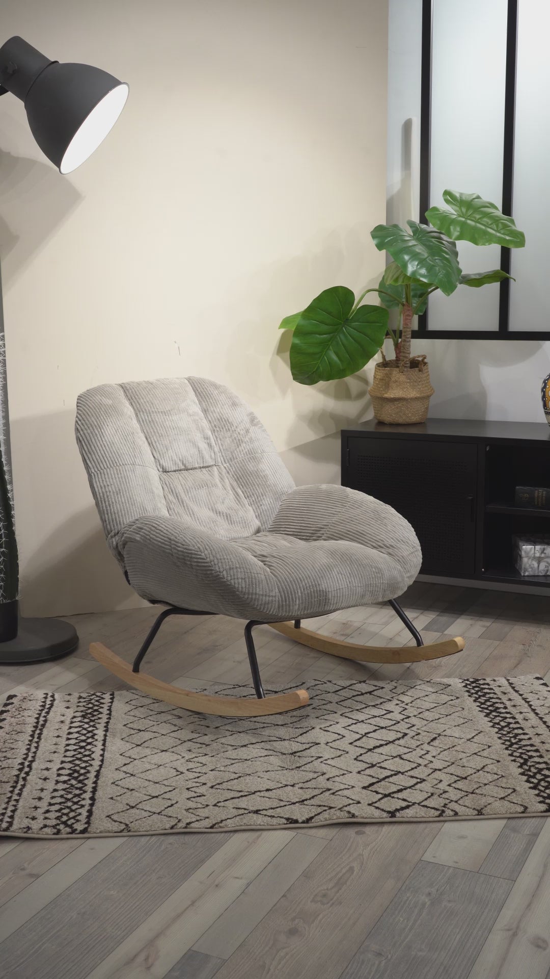 Fauteuil à bascule scandinave en velours côtelé avec accoudoirs pour salon ou chambre à coucher, gris - LITHOPS