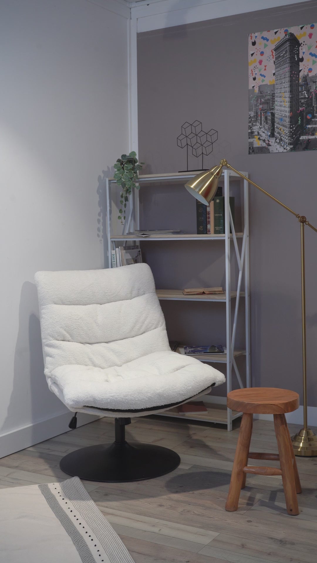 Fauteuil de loisirs réglable tissu mouton bouclette blanc pivotant à 360° - LAMBERY