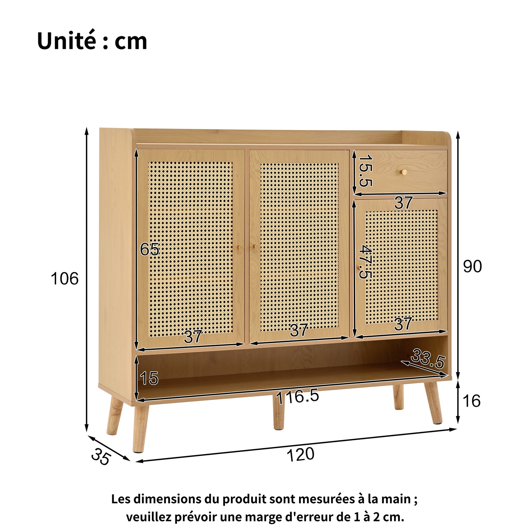 Meubles Cosy Meuble à chaussures naturel – Design moderne en rotin, panneaux de particules avec pieds en bois massif