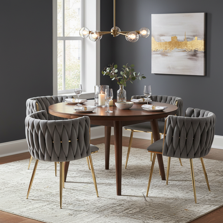 Stylish dining setup with gray velvet chairs