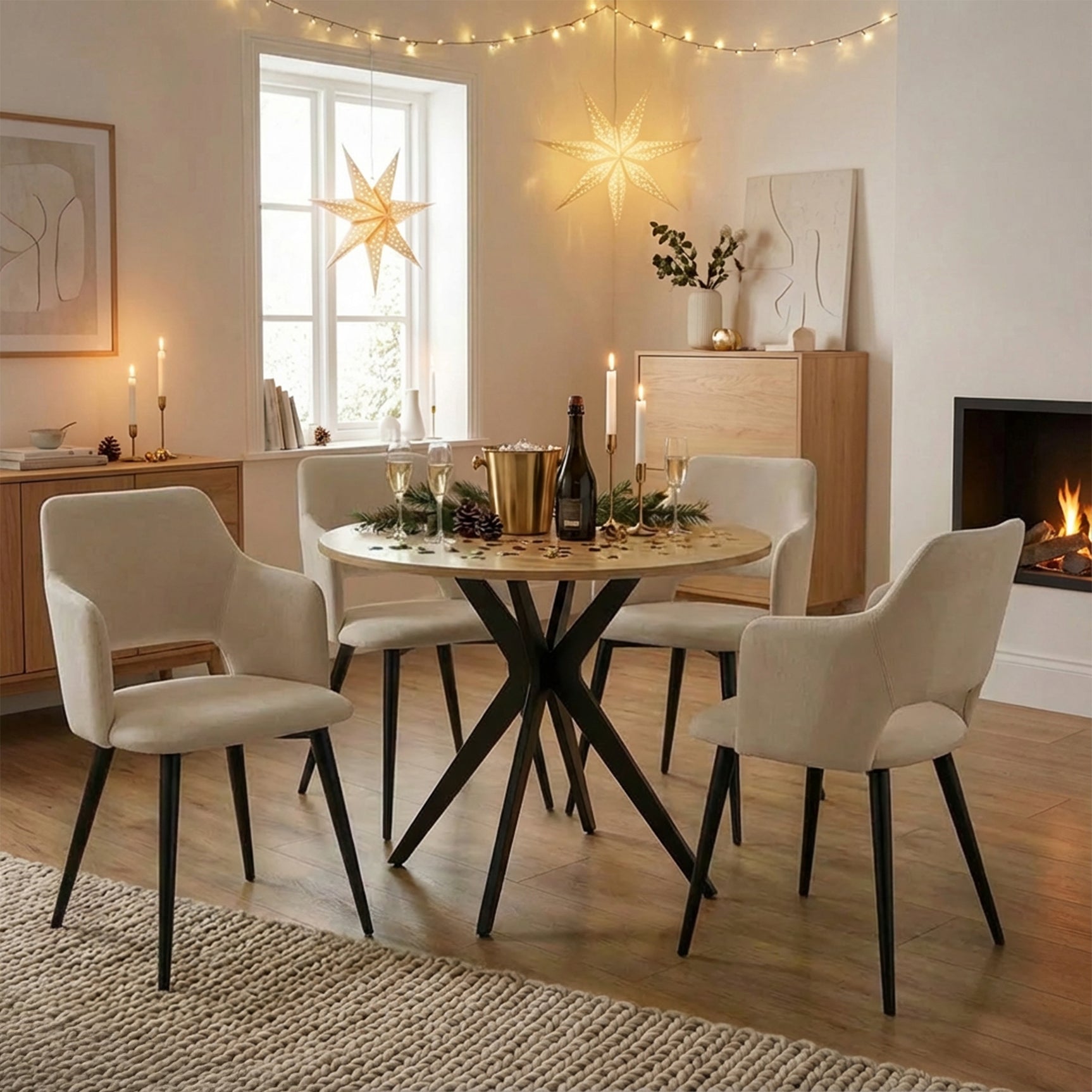 Round Table Table Table Table Timber Ø80 cm with 4 black velvet chairs, modern and comfortable style